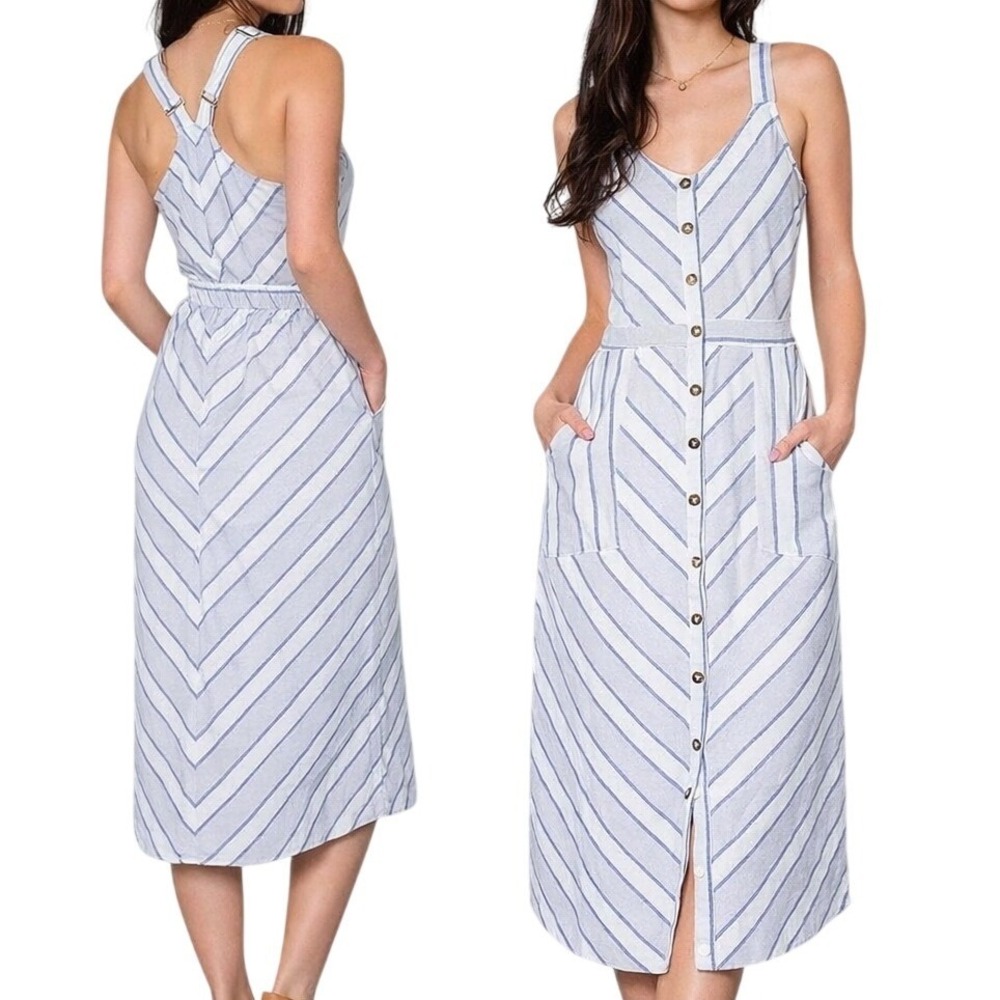 Buckle Black Blue Stripe Midi Jumper Dress Button Front Pockets Racerback Preppy